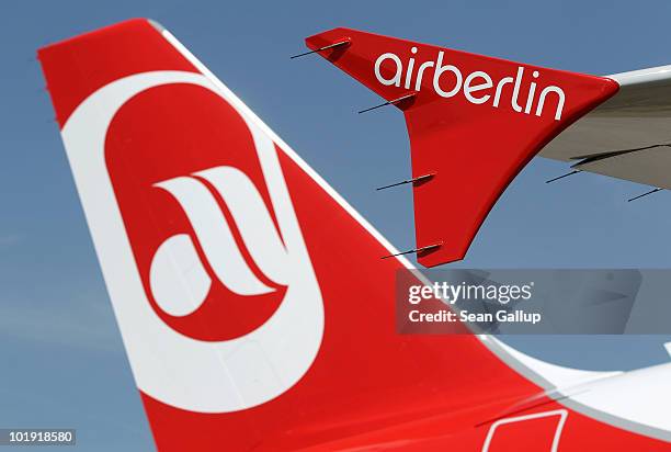 The logo of discount airline Air Berlin is displayed on an Air Berlin passenger plane at Schoenefeld Airport during the ILA Berlin Air Show on June...