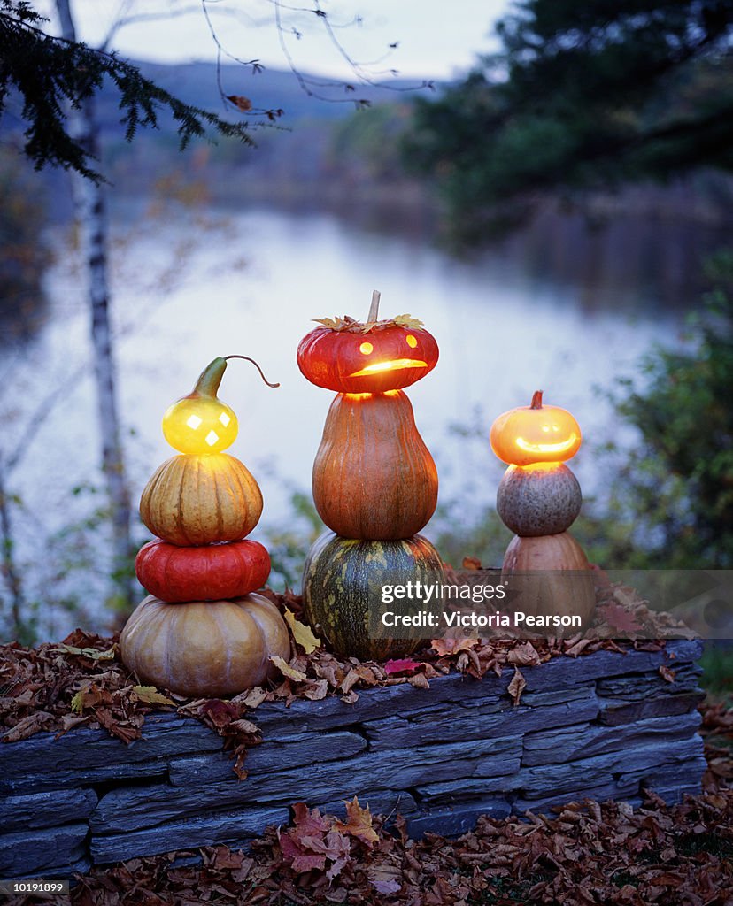 Carved pumpkin lanterns lit up at night, river in background
