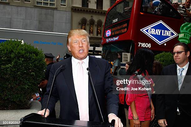 Donald Trump speaks during Donald Trump's Gray Line New York's Ride of Fame Campaign dedication at Trump Tower on June 8, 2010 in New York City.