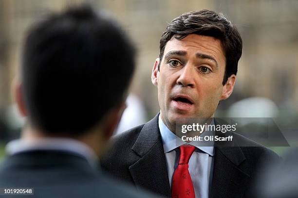 Labour leadership candidate Andy Burnham speaks to the media near Parliament on June 9, 2010 in London, England. A ballot will be taken of Labour...