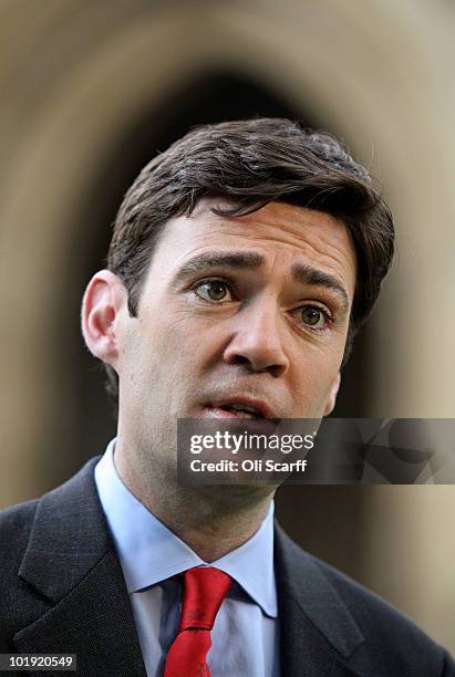 Labour leadership candidate Andy Burnham speaks to the media near Parliament on June 9, 2010 in London, England. A ballot will be taken of Labour...