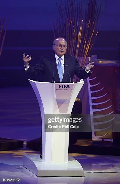 President Joseph Blatter delivers a speech during the FIFA Congress Opening Ceremony at the Gallagher Convention Centre on June 9, 2010 in...