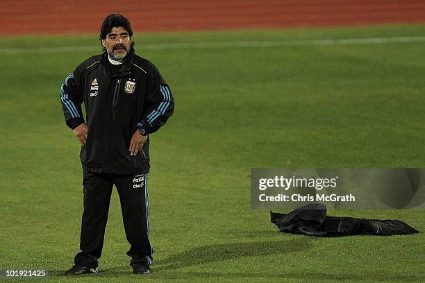 Argentina's head coach Diego Maradona watches on during a team training session on June 9, 2010 in Pretoria, South Africa.