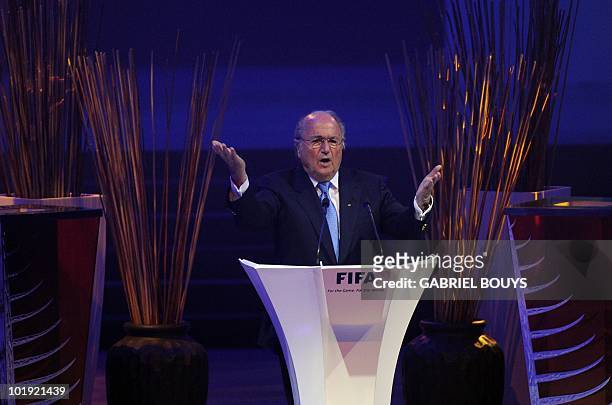 President Sepp Blatter talks during the opening ceremony of the 60th FIFA Congress in Johannesburg on June 9, 2010 two days before the start of the...