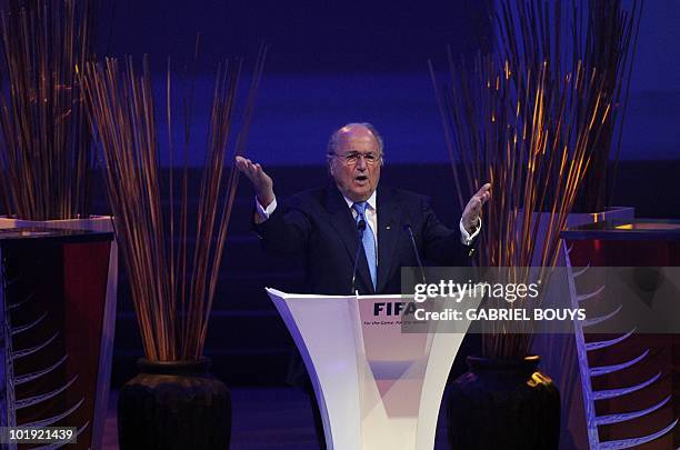 President Sepp Blatter talks during the opening ceremony of the 60th FIFA Congress in Johannesburg on June 9, 2010 two days before the start of the...