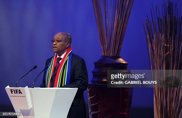 South African President Jacob Zuma talks during the opening ceremony of the 60th FIFA Congress in Johannesburg on June 9, 2010 two days before the...