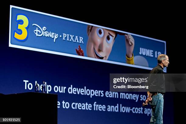 Steve Jobs, chief executive officer of Apple Inc., talks about an advertisement for the "Toy Story 3" film using Apple's iAd platform on the iPhone 4...