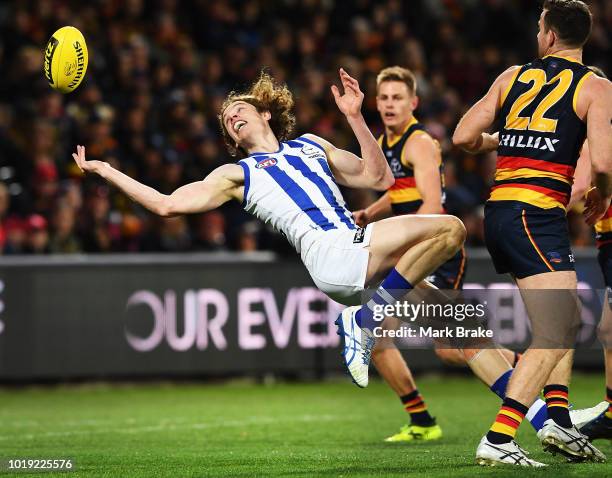 Ben Brown of the Kangaroos misses a mark during the round 22 AFL match between the Adelaide Crows and North Melbourne Kangaroos at Adelaide Oval on...