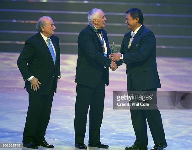 Joseph Blatter President of FIFA award Stephen Sumner with the FIFA order of Merit during the FIFA Congress Opening Ceremony at the Gallagher...