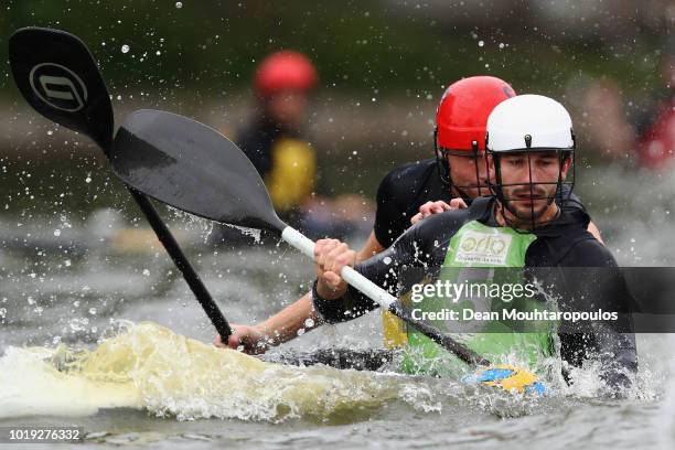 Alexandre Massot of Acigne 1 battles for the ball with Tjerk Webbers of Rijnland A during the GEKKO International Canoe Kayak Polo Tournament match...