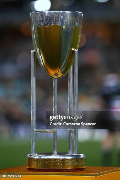 The Rugby Championship Trophy is displayed during The Rugby Championship Bledisloe Cup match between the Australian Wallabies and the New Zealand All...