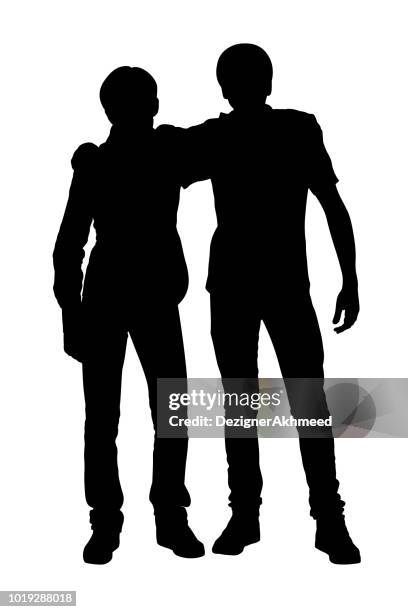 two teens friends standing near silhouette vector - friends stock illustrations