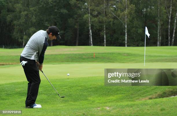 Thomas Aiken of South Africa plays his 2nd shot on the 5th hole during day four of the Nordea Masters at Hills Golf Club on August 19, 2018 in...