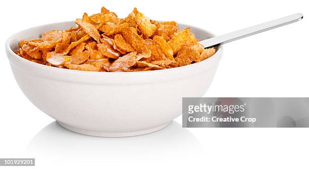 bowl of corn flakes cereal - bowl of sugar stockfoto's en -beelden