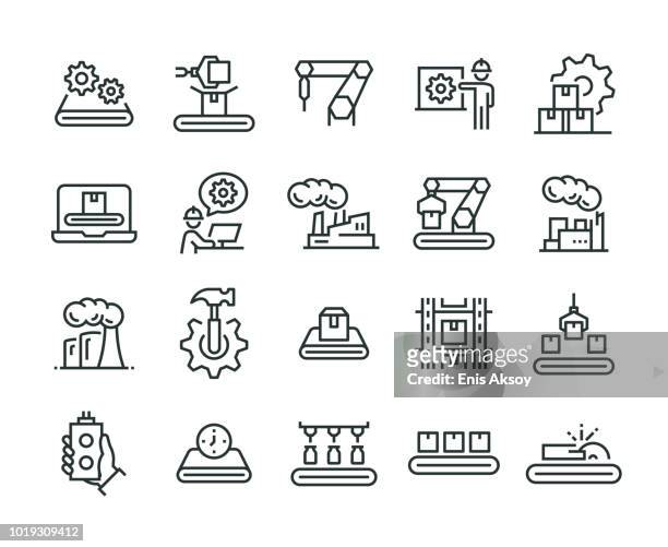 ilustraciones, imágenes clip art, dibujos animados e iconos de stock de conjunto de iconos de la producción en masa - factory