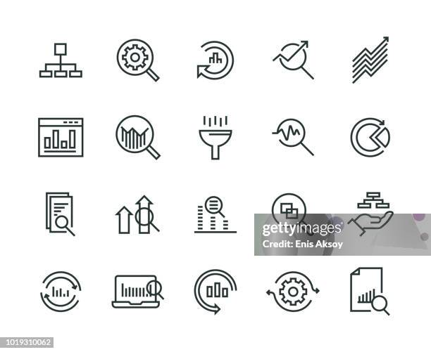 illustrazioni stock, clip art, cartoni animati e icone di tendenza di set di icone analisi dati - filtrazione