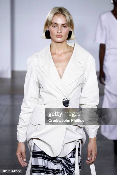 Model walks the runway at the Moire show during Oslo Runway SS19 at Bankplassen 4 on August 15, 2018 in Oslo, Norway.