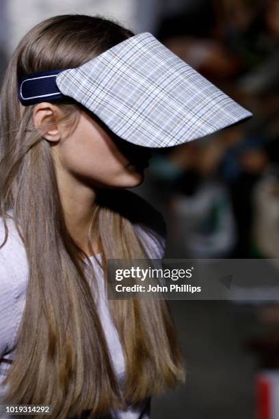 Model walks the runway at the Moire show during Oslo Runway SS19 at Bankplassen 4 on August 15, 2018 in Oslo, Norway.