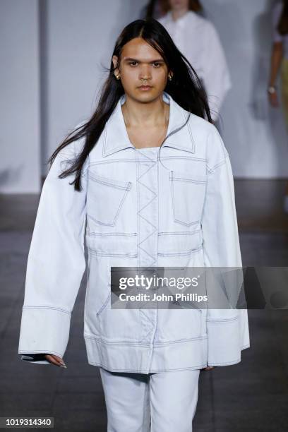 Model walks the runway at the Moire show during Oslo Runway SS19 at Bankplassen 4 on August 15, 2018 in Oslo, Norway.