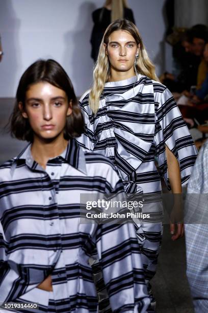 Models walk the runway at the Moire show during Oslo Runway SS19 at Bankplassen 4 on August 15, 2018 in Oslo, Norway.