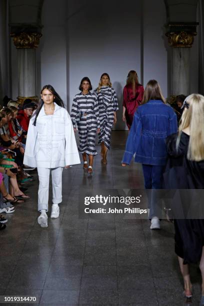 Models walk the runway at the Moire show during Oslo Runway SS19 at Bankplassen 4 on August 15, 2018 in Oslo, Norway.