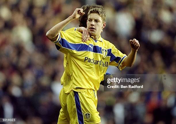 Alan Smith of Leeds United celebrates during the FA Cup Fourth Round match against Manchester City played at Maine Road in Manchester, England. The...