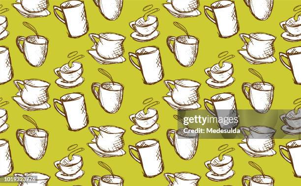 coffee cup sketch seamless pattern vector - coffee menu background stock illustrations