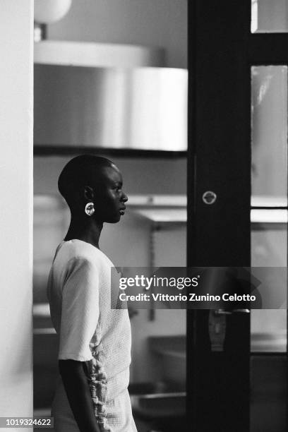 Model backstage ahead of the Moire show during Oslo Runway SS19 at Bankplassen 4 on August 15, 2018 in Oslo, Norway.