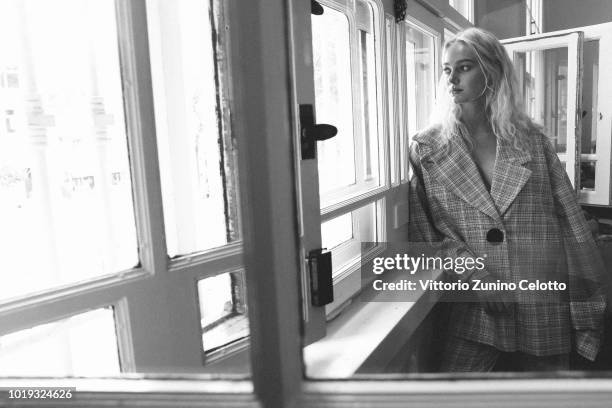 Model backstage ahead of the Moire show during Oslo Runway SS19 at Bankplassen 4 on August 15, 2018 in Oslo, Norway.