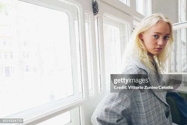 Model backstage ahead of the Moire show during Oslo Runway SS19 at Bankplassen 4 on August 15, 2018 in Oslo, Norway.