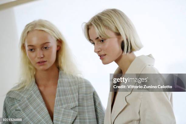 Models backstage ahead of the Moire show during Oslo Runway SS19 at Bankplassen 4 on August 15, 2018 in Oslo, Norway.