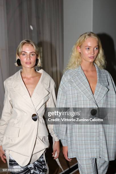 Models backstage ahead of the Moire show during Oslo Runway SS19 at Bankplassen 4 on August 15, 2018 in Oslo, Norway.