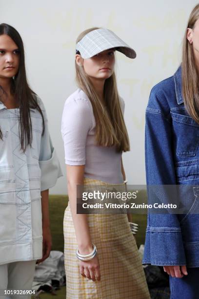 Models backstage ahead of the Moire show during Oslo Runway SS19 at Bankplassen 4 on August 15, 2018 in Oslo, Norway.