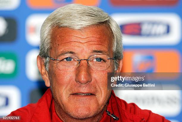 Head coach Marcello Lippi of Italy attends a Press Conference at Casa Azzurri during the 2010 FIFA World Cup on June 9, 2010 in Centurion, South...