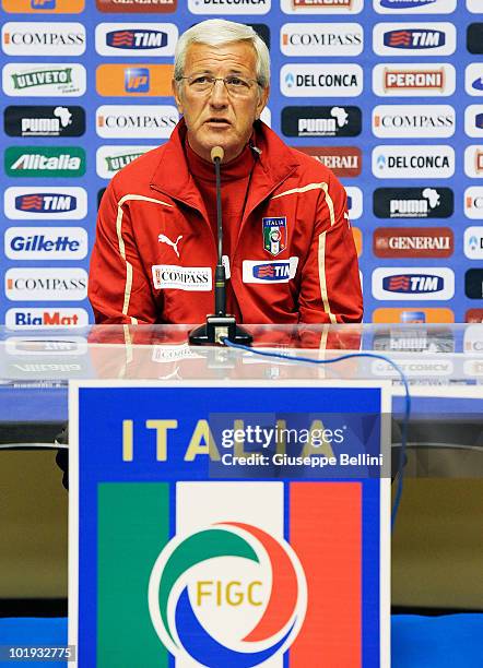 Head coach Marcello Lippi of Italy speaks at a Press Conference at Casa Azzurri during the 2010 FIFA World Cup on June 9, 2010 in Centurion, South...