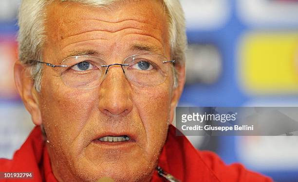 Head coach Marcello Lippi of Italy attends a Press Conference at Casa Azzurri during the 2010 FIFA World Cup on June 9, 2010 in Centurion, South...