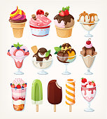 Set of vector cartoon ice cream icons in different flavors, cups and with various toppings.