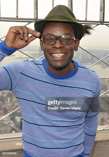 Tony Awards nominee Sahr Ngaujah visits The Empire State Building on June 9, 2010 in New York City.