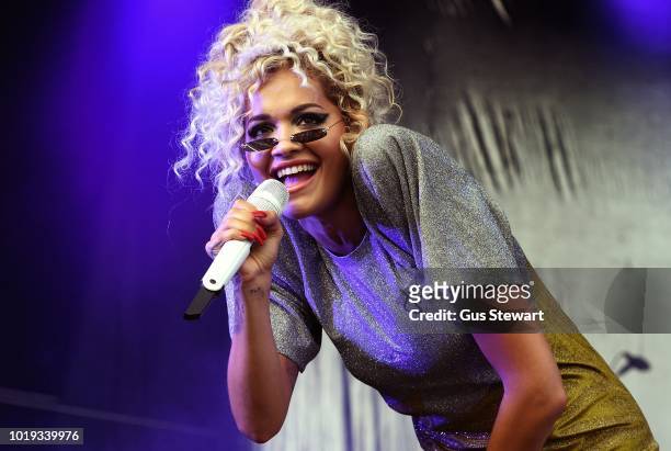 Rita Ora performs on the main stage at RiZE Festival on August 18, 2018 in Chelmsford, United Kingdom.