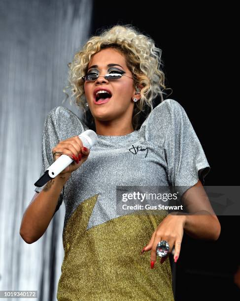 Rita Ora performs on the main stage at RiZE Festival on August 18, 2018 in Chelmsford, United Kingdom.