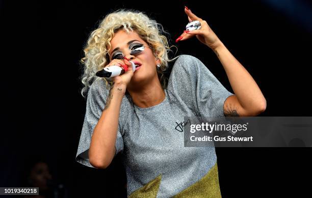 Rita Ora performs on the main stage at RiZE Festival on August 18, 2018 in Chelmsford, United Kingdom.