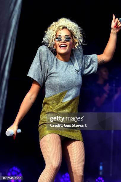 Rita Ora performs on the main stage at RiZE Festival on August 18, 2018 in Chelmsford, United Kingdom.