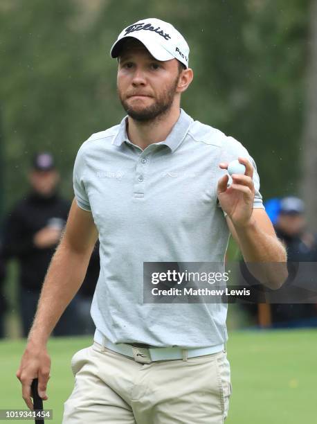 Maximilian Kieffer of Germany acknowledges the crowd after making a birdie on the 14th hole during day four of the Nordea Masters at Hills Golf Club...