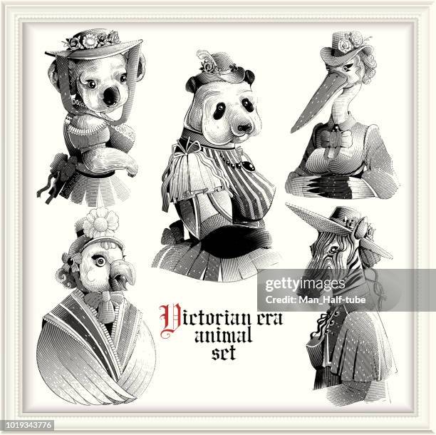 stockillustraties, clipart, cartoons en iconen met hipster dieren (victoriaanse tijdperk) - gravure gefabriceerd object
