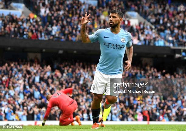 Sergio Aguero of Manchester City celebrates after scoring his team's fifth goal during the Premier League match between Manchester City and...