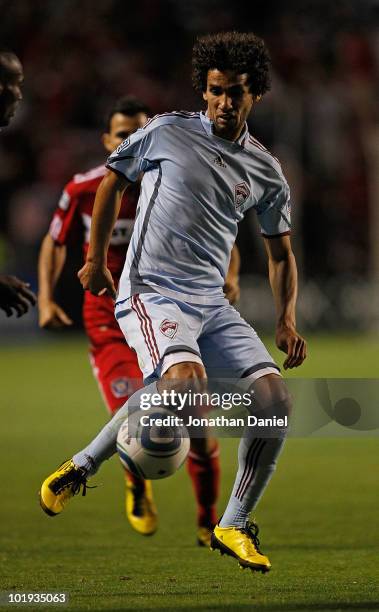 Mehdi Ballouchy of the Colorado Rapids controls the ball against the Chicago Fire in an MLS match on June 5, 2010 at Toyota Park in Brideview,...