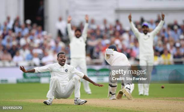 England batsman Ben Stokes survives a confident appeal from India bowler Hardik Pandya during day two of the 3rd Specsavers Test Match between...