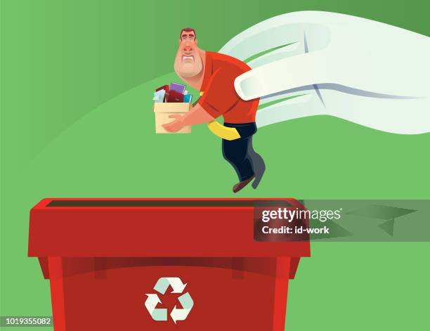 stockillustraties, clipart, cartoons en iconen met zakenman wordt ontslagen en verhuisde naar de vuilnisbak - garbage man