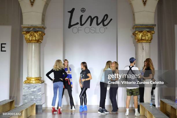 Models are seen during the rehearsal ahead of the Line of Oslo show during Oslo Runway SS19 at Bankplassen 4 on August 15, 2018 in Oslo, Norway.