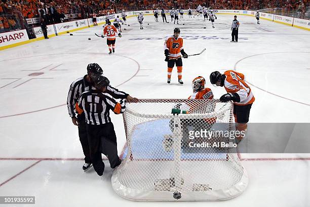 The Philadelphia Flyers react after the Chicago Blackhawks defeated them 4-3 in overtime to win the Stanley Cup in Game Six of the 2010 NHL Stanley...